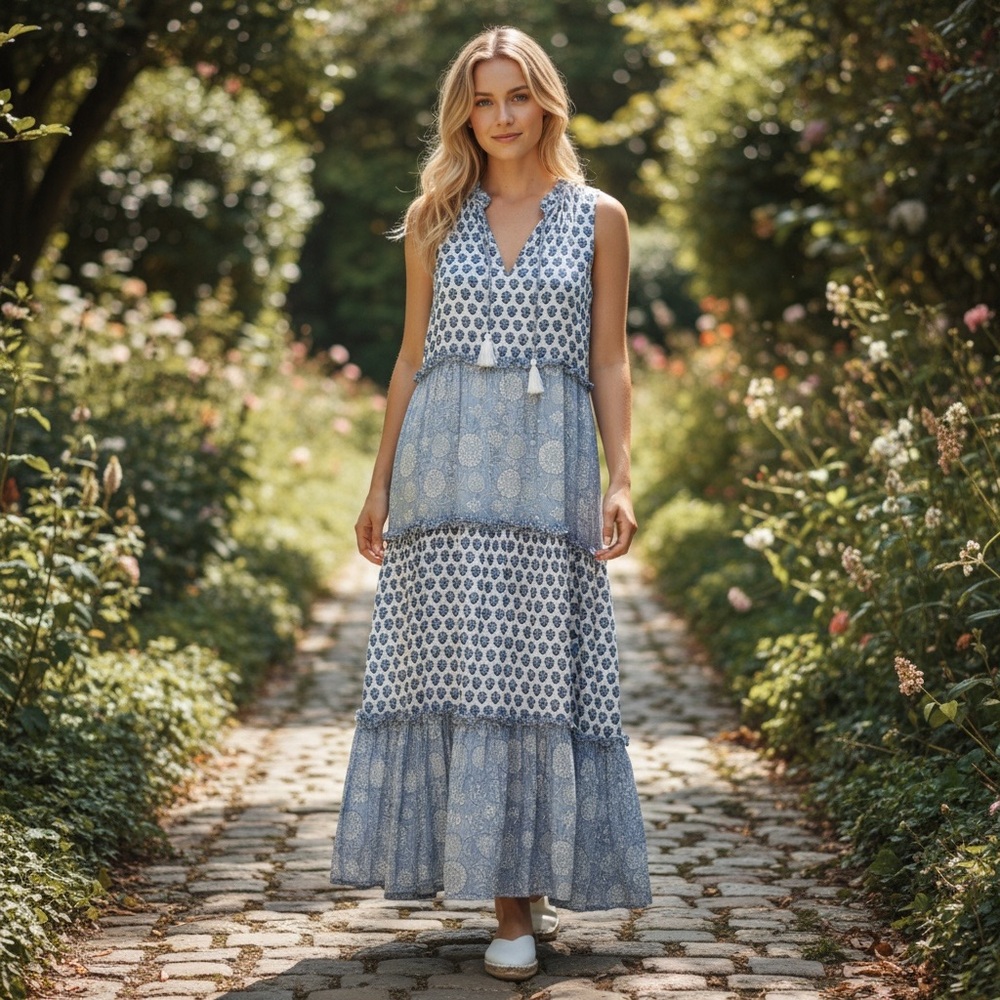 Cleobella Maddelyn Ankle Dress Hydrangea Mix Print Blue and White Maxi Dress XL